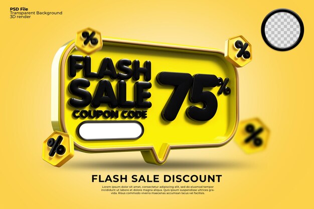 Descuento de venta flash 3D número 75 porcentaje con colores negros amarillos, banner de tienda en línea,