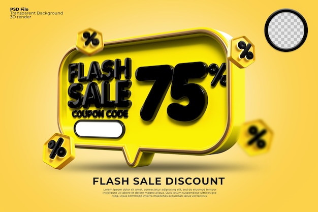 Descuento de venta flash 3D número 75 porcentaje con colores negros amarillos, banner de tienda en línea,