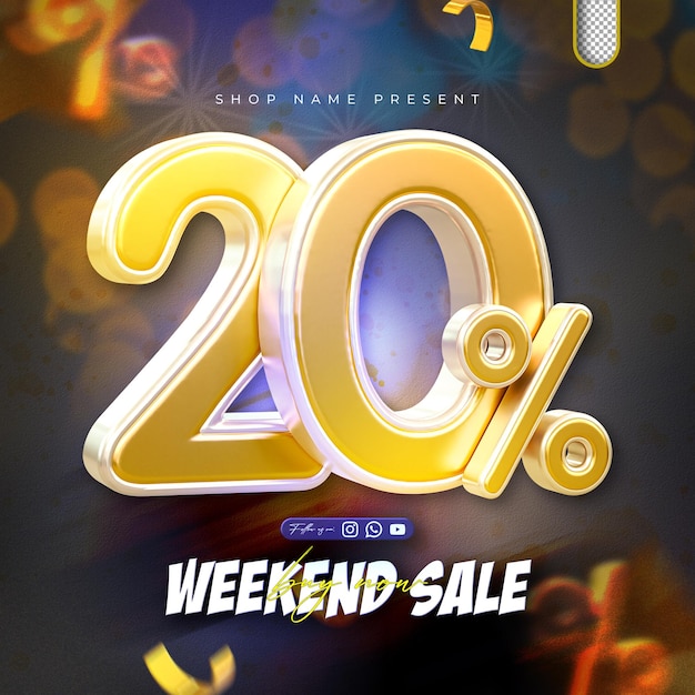 Descuento de ventas 3d Etiqueta de precio porcentual número 20 para el concepto de promoción de venta de descuento por renderizado 3d