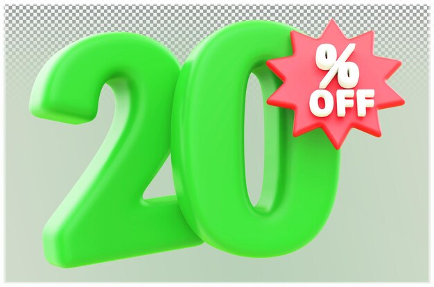 Descuento verde 20 por ciento de descuento en la venta Promoción del número de renderización 3D