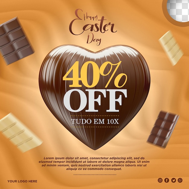 PSD descuentos de corazón de chocolate 3d para campañas en redes sociales.