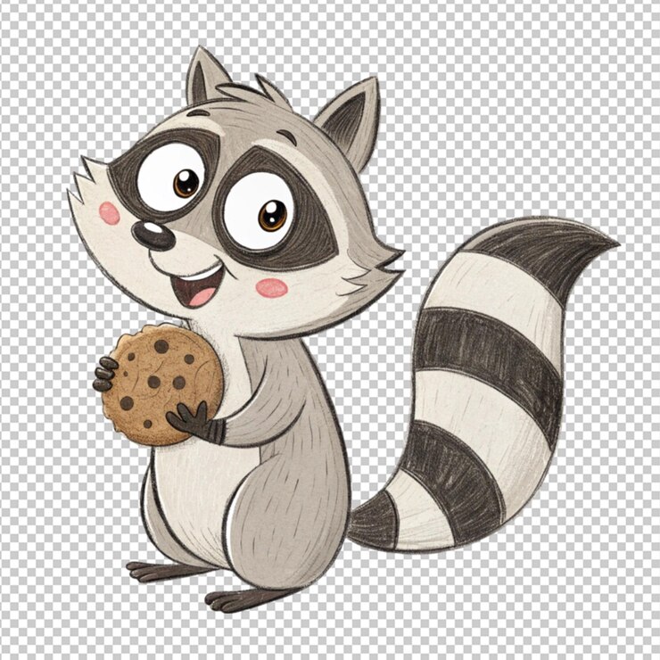 PSD desenhar uma mão um guaxinim feliz com um biscoito