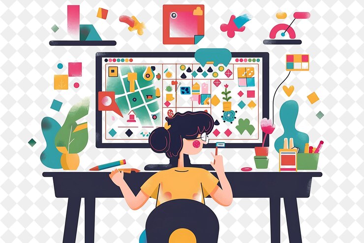 PSD desenhista de jogos caprichosos com personagens desenhando e criando pessoas png em ilustração de trabalho diário