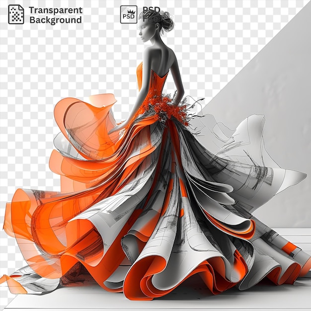 Desenhista de moda 3d desenho animado surpreendente modelo de alta costura vestindo um vestido e chapéu laranja acompanhado de um guarda-chuva laranja com um desenho preto e laranja no fundo