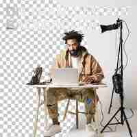PSD desenhista de moda masculino biracial a fazer uma chamada de vídeo no estúdio de design de moda criatividade clo