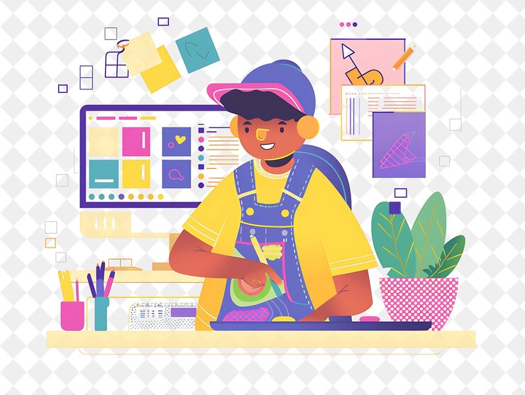 PSD desenhista gráfico brincalhão com personagens desenhando e criando pessoas png em ilustração de trabalho diário