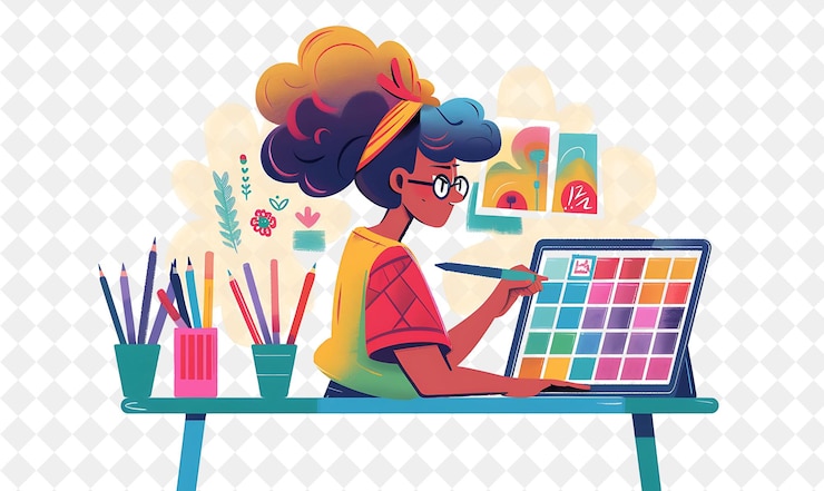 PSD desenhista gráfico brincalhão com personagens desenhando e criando pessoas png em ilustração de trabalho diário