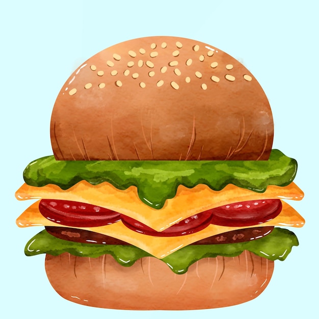 Desenho a aquarela de um hambúrguer com recheio duplo de queijo e carne