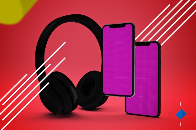 Desenho abstrato. Fones de ouvido e maquete móvel de tela