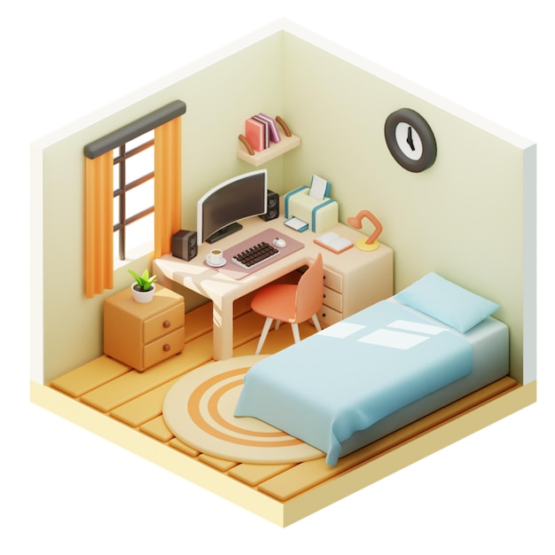 Desenho aconchegante de quarto e espaço de trabalho isométrico