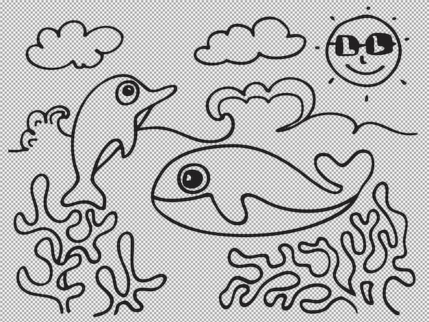 Desenho animado adorável Baleias e golfinhos para colorir Ilustração para Crianças