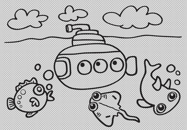 Desenho animado adorável Submarinos e peixes do mar Ilustração para crianças