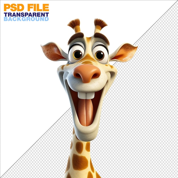 PSD desenho animado bonito amigável saudável pequena girafa sorrindo em fundo transparente