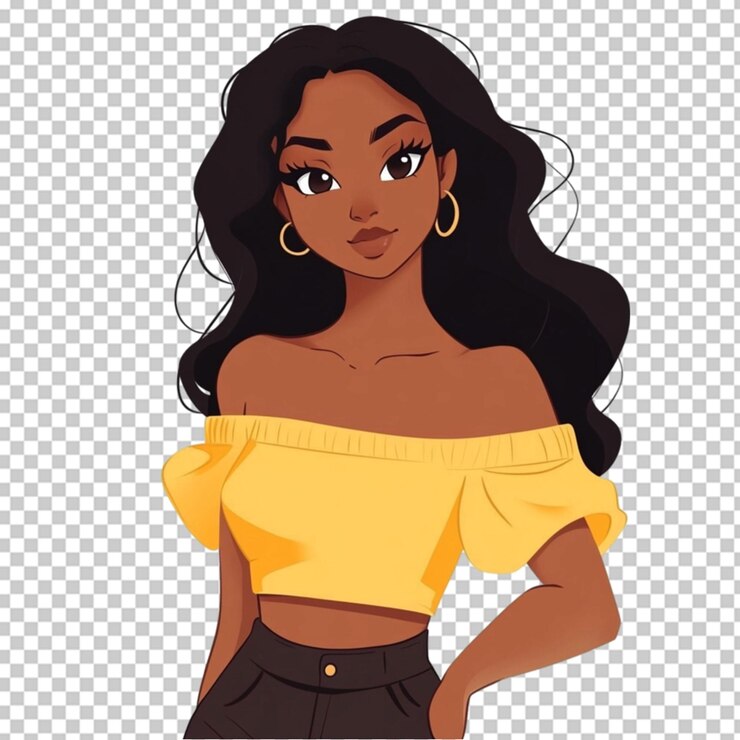 PSD desenho animado bonito com uma linda mulher negra em fundo transparente