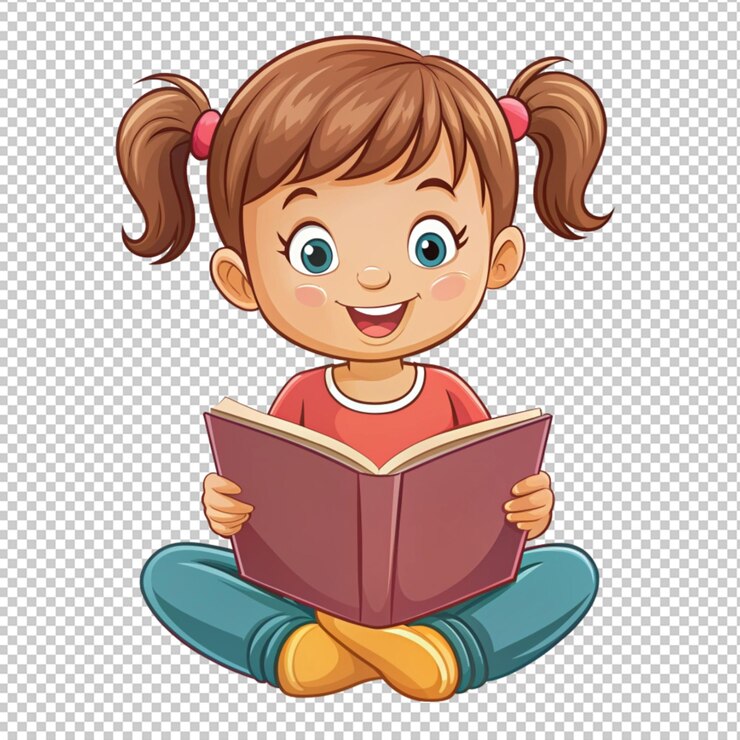 PSD desenho animado bonito uma menina lendo um livro