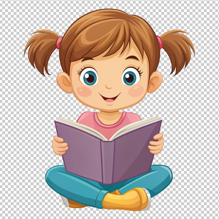 PSD desenho animado bonito uma menina lendo um livro