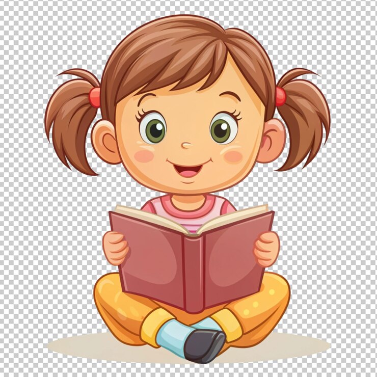 PSD desenho animado bonito uma menina lendo um livro