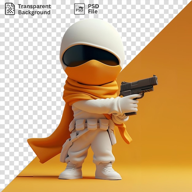 Desenho animado de assassino 3d se preparando para um ataque segurando uma arma preta e usando um capacete branco com um brinquedo branco nas proximidades e uma mão branca visível em primeiro plano