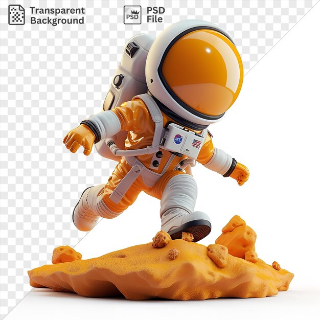 PSD desenho animado de astronauta 3d isolado explorando a superfície de um planeta distante acompanhado por um brinquedo e uma perna branca