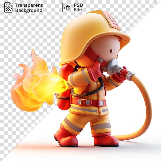 PSD desenho animado de bombeiro 3d apagando um incêndio com uma mangueira usando um capacete amarelo e botas vermelhas enquanto segura um brinquedo