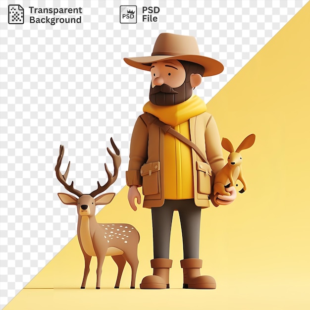 PSD desenho animado de caçador furtivo 3d caçando um animal na frente de uma parede amarela vestindo um chapéu castanho e castanho, lenço amarelo e botas castanhas com um veado castanho ao fundo