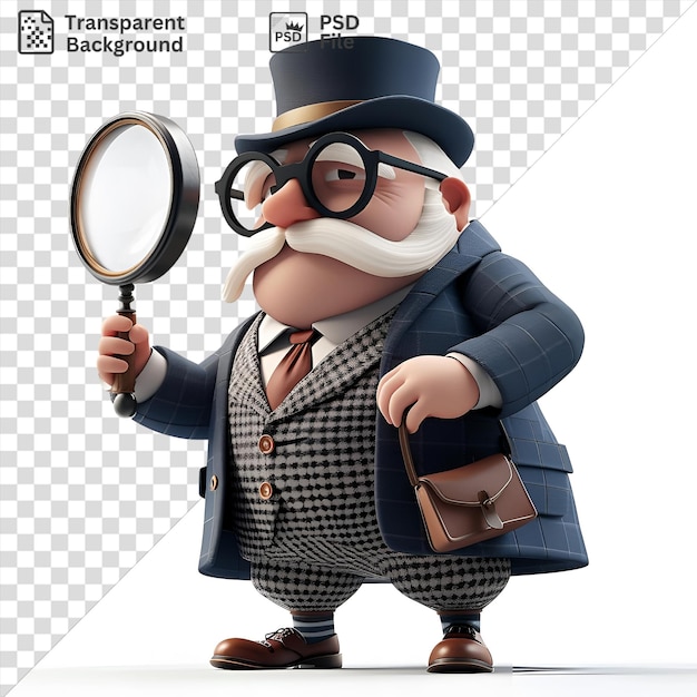PSD desenho animado de detetive 3d resolvendo um caso de crime de alto perfil homem vestindo um chapéu preto gravata marrom e óculos pretos com uma barba branca e mão rosa segurando uma bolsa marrom e
