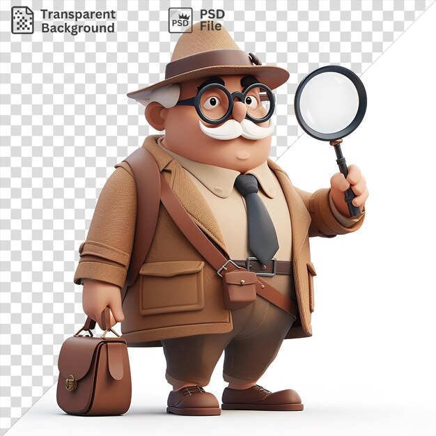 PSD desenho animado de detetive 3d resolvendo um enigma complexo personagem segurando uma lupa