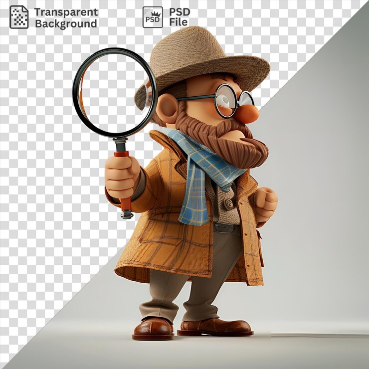 PSD desenho animado de detetive 3d surpreendente resolvendo um mistério homem vestindo um casaco castanho chapéu de palha e lenço azul está em frente a uma parede branca ele segura uma lupa na mão e usa