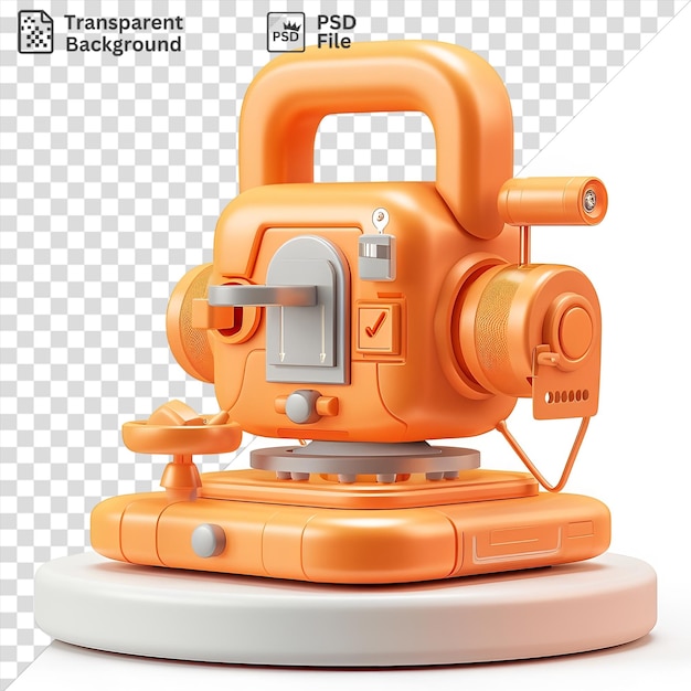PSD desenho animado de fechador 3d instalando uma fechadura em um brinquedo laranja com uma pequena janela ao fundo