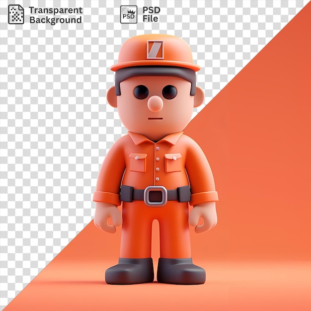 PSD desenho animado de guarda de prisão psd 3d monitorando prisioneiros com um brinquedo e chapéu laranja usando um cinto preto e segurando uma mão branca enquanto um olho preto e uma perna laranja são visíveis no fundo