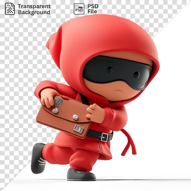 Desenho animado de ladrão de bolsos em psd 3d roubando uma carteira com a mão usando um cinto preto e uma perna vermelha enquanto sua outra mão é visível em primeiro plano