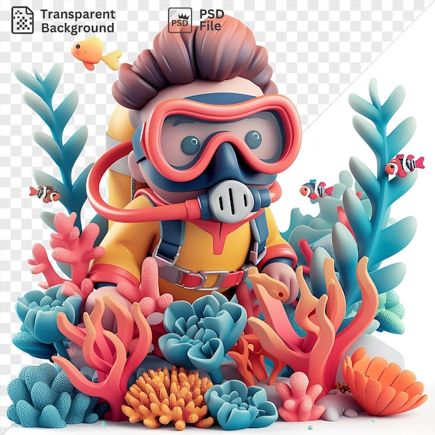 PSD desenho animado de mergulhador 3d explorando um recife de coral vibrante cercado por peixes coloridos e uma flor laranja vibrante