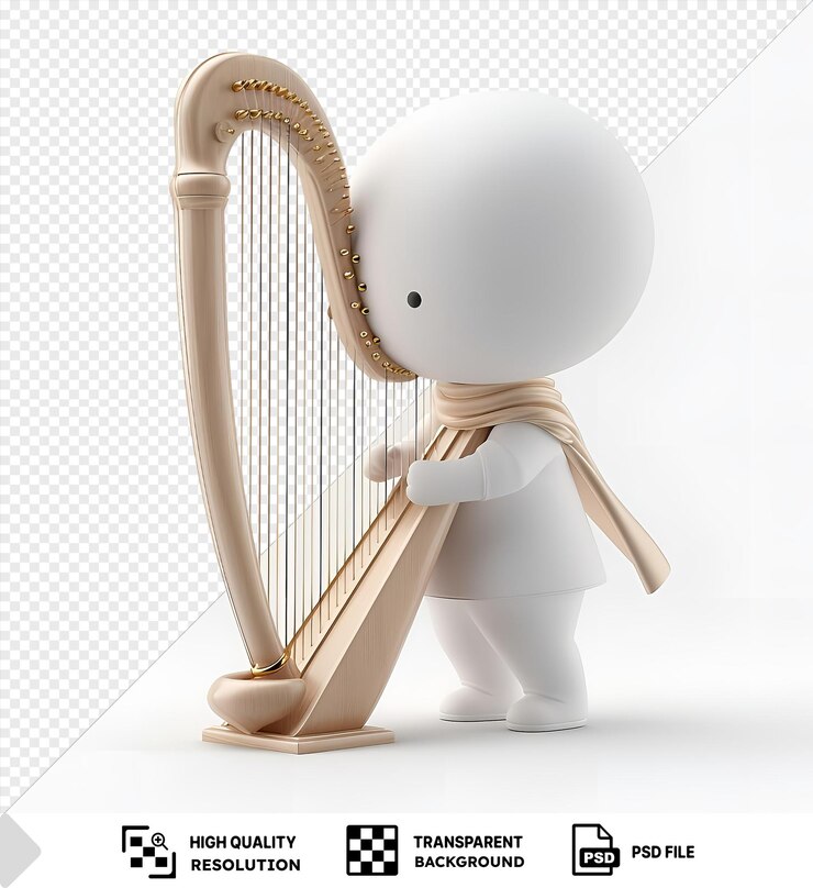 PSD desenho animado de músico 3d tocando uma melodia de harpa hipnotizante acompanhado por um balão branco e um brinquedo branco com um braço e uma perna brancos visíveis em primeiro plano