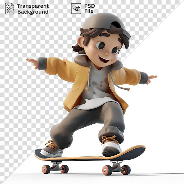 Desenho animado de patinador 3d executando truques de desafio à gravidade em um patinador preto com rodas laranjas e vermelhas usando um capacete cinzento e calças pretas e cinzentas enquanto estendendo suas