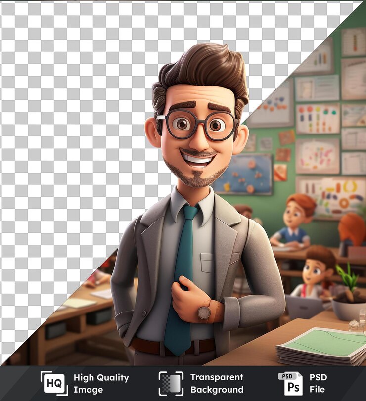 PSD desenho animado de professor em 3d educando mentes jovens em uma sala de aula