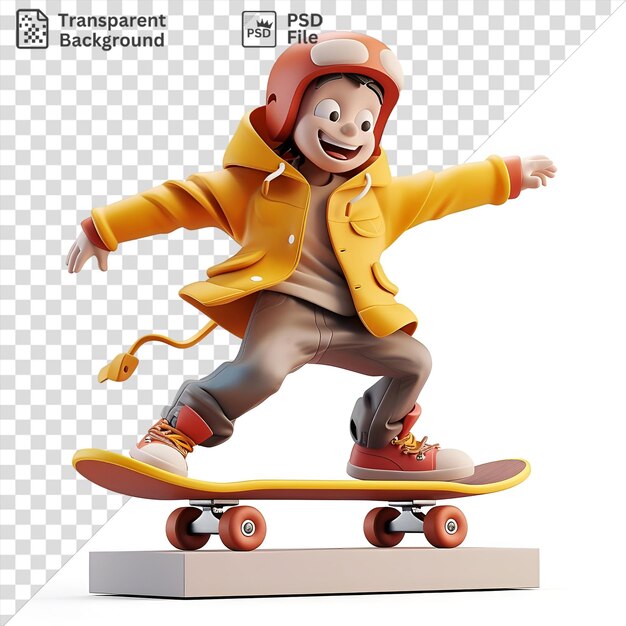 PSD desenho animado de skateboarder 3d executando truques de desafio à gravidade em um skateboard amarelo com rodas vermelhas