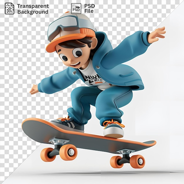 PSD desenho animado de skateboarder 3d executando truques de desafio à gravidade em um skateboard preto com rodas laranjas e vermelhas vestindo uma camisa branca e cabelo preto e castanho enquanto estende o braço