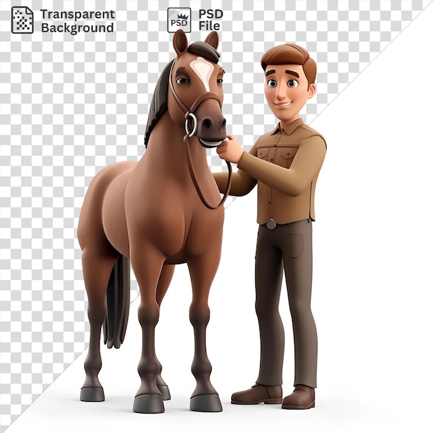 PSD desenho animado de treinador de cavalos de corrida psd 3d preparando um cavalo de raça pura com uma crina e cauda pretas enquanto as pernas e orelhas castanhas dos cavalos são visíveis em primeiro plano
