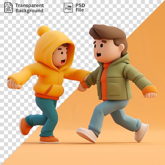 Desenho animado de vigarista em psd 3d enganando uma vítima na frente de uma parede amarela com uma mão branca e uma perna azul visíveis em primeiro plano e um capuz amarelo no fundo