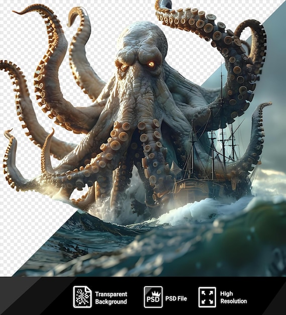 PSD desenho animado kraken 3d único lutando contra um navio em mares tempestuosos com seus tentáculos