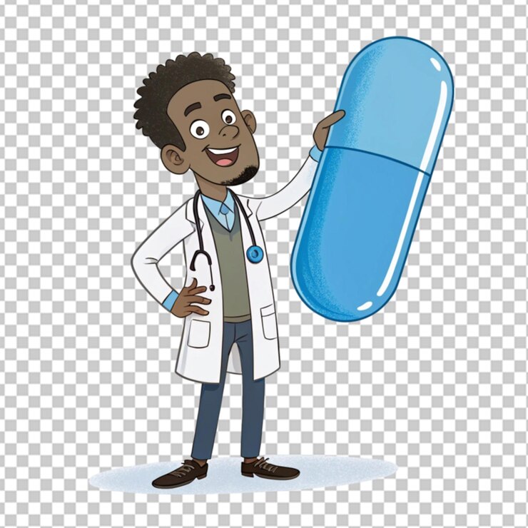 PSD desenho animado médico afro-americano mão segurando azul em fundo transparente
