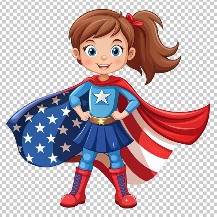 PSD desenho animado menina com bandeira dos eua