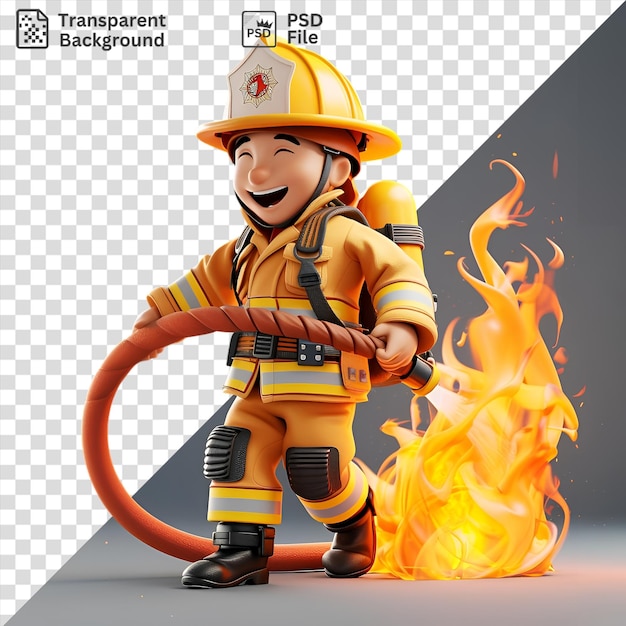 Desenho animado transparente de bombeiro 3d apagando chamas com uma mangueira de incêndio usando um chapéu amarelo e uma alça preta enquanto segura um brinquedo