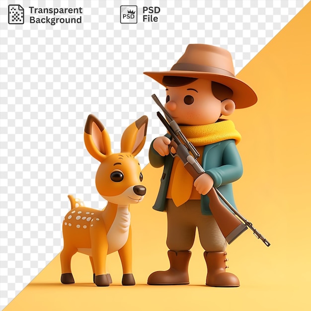 PSD desenho animado transparente de caçador furtivo 3d caçando um animal com uma arma usando um chapéu castanho e um lenço amarelo e segurando um brinquedo enquanto segura uma arma preta em sua outra mão