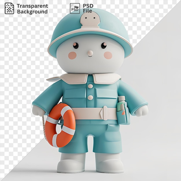 PSD desenho animado único de salva-vidas 3d vigiando nadadores com um colete salva-vidos com um botão branco de braço azul e um brinquedo azul