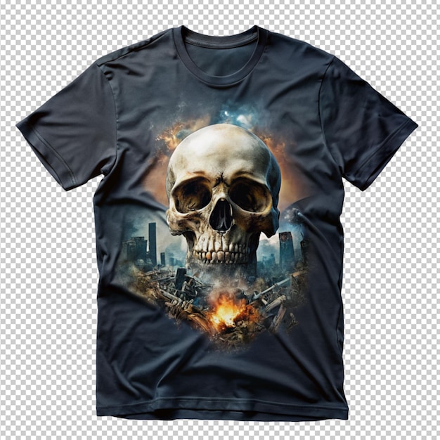 Desenho apocalíptico de camiseta de crânio de halloween em fundo transparente