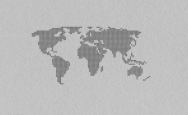 Desenho conceitual minimalista de mapa do mundo com silhueta pontilhada em fundo cinza texturizado