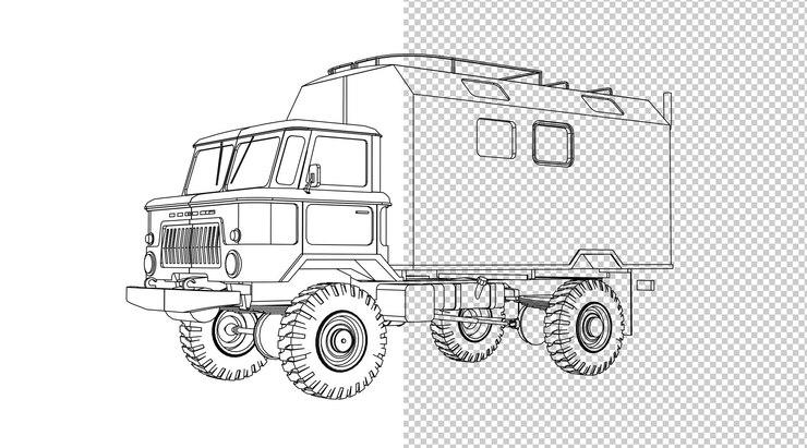 PSD desenho da mão do caminhão e esboço preto e branco.