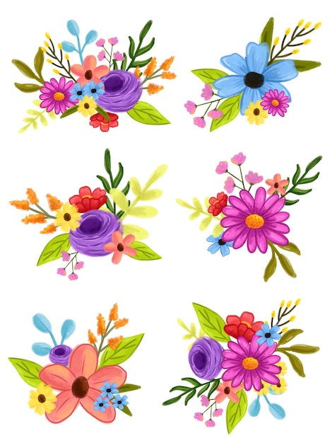 Desenho de arranjo floral com elementos ilustrativos de flores e folhas coloridas ao seu redor
