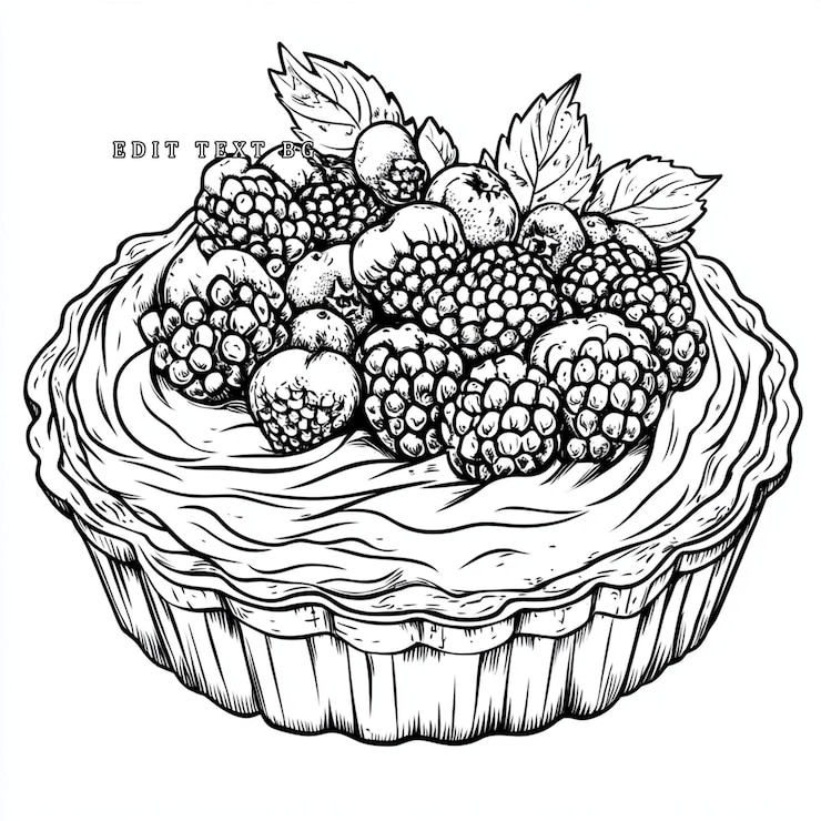 PSD desenho de arte de linha de uma tarte de bagas com framboesas, mirtilos e recheio de creme